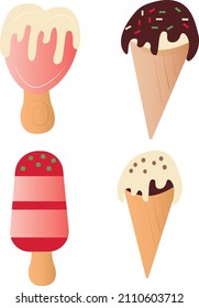 Collection of 4 ice cream vector illustrations isolated on white 