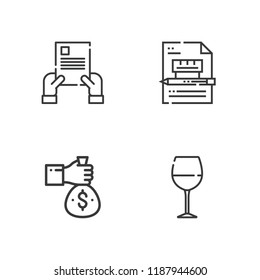 Collection of 4 ideas outline icons include icons such as money bag, wine glass