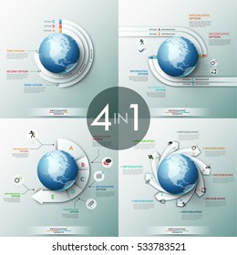 Collection of 4 infographic design templates with paper lettered elements placed around globe, text boxes and pictograms. Global communication and world cooperation concept. Vector illustration.