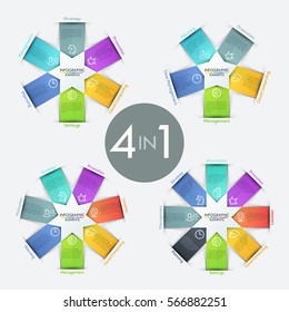 Collection of 4 infographic design templates. Four round diagrams with multicolored rectangular elements, icons and text boxes. Cycle of production concept. Vector illustration for website, report.