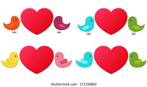 Collection of 4 isolated bird pairs holding big heart in different colors, shapes and with or without shadow