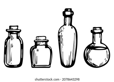 collection of 4 isolated magic potion glass bottles. glass flask, chemistry, science, magic, poison, potion. cute children illustration style. set of separated objects on a white background