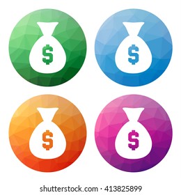 Collection of 4 isolated modern low polygonal buttons - icons - for cash, bag of cash, bag of money, money, pay, pay method, dollar, dollar sign