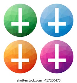 Collection of 4 isolated modern low polygonal buttons - icons - for Cross of Saint Peter, Petrine cross, inverted latin cross, religion, christian symbol, recently also anti-christian symbol