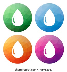 Collection of 4 isolated modern low polygonal buttons - mosaic abstract geometry icons for drop, raindrop, liquid, water, oil, petrol, milk, gas, etc.