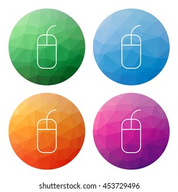 Collection of 4 isolated modern low polygonal mosaic abstract buttons - icons - for mouse with short wire (outline, silhouette)