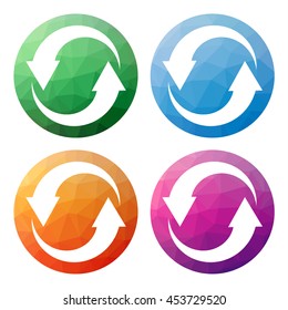 Collection of 4 isolated modern low polygonal buttons - icons - for recycle or just 2 circular arrows for infographic