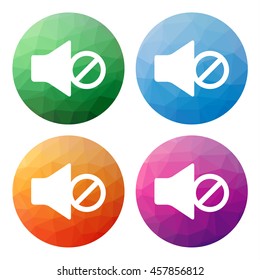Collection of 4 isolated modern low polygonal mosaic abstract buttons - icons - for speaker off, no sound, mute; part of media player icon set