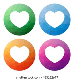 Collection of 4 isolated modern low polygonal mosaic abstract buttons - icons - for heart, like, favorite, best, wish, wishlist
