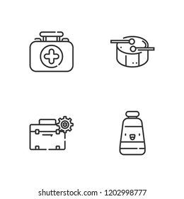 Collection of 4 kit outline icons include icons such as toolbox, first aid kit, drum