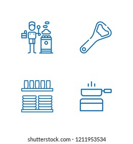 Collection of 4 kitchenware outline icons include icons such as pan, bottle opener, stove