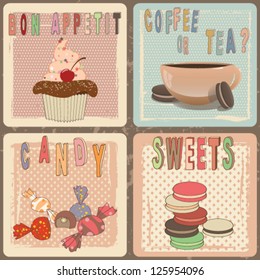 Collection of 4 labels for sweets, bakery, pastry, coffee, tea