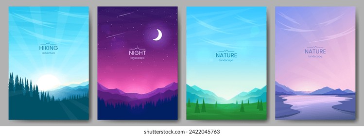 A collection of 4 landscapes. Mountains and forest, night sky and moon, green valley, river. Design for background, wallpaper, postcard, cover, greeting card. Vector image. Tourism, hiking.