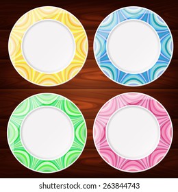 Collection of 4 light colored plates. Vector image can be used for food menu or posters design, web or other crafts.