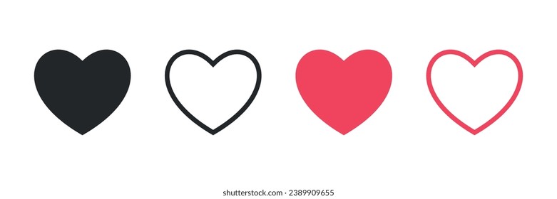 Collection of 4 love heart symbol icons. Symbol of Valentine's Day. Set of love illustrations with solid and outline vector hearts. Vector illustration. Heart templates for cards, banners wi