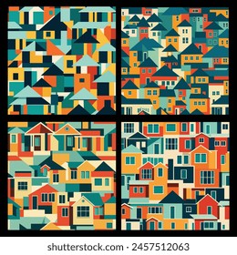 A collection of 4 minimal house seamless patterns. Architectural inspired illustration created in the style of vintage, cubism, and abstract