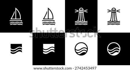 A collection of 4 minimalist line icons representing water, sea travel, and navigation elements: sailboat, lighthouse, and abstract wave symbols. Monochrome logo templates suitable for marine business or travel apps.
