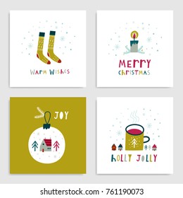 Collection of 4 minimalistic Christmas card templates. Christmas Posters set. Vector illustration. Template for greeting, congratulations, invitations. Creative Hand Drawn cards for winter holidays