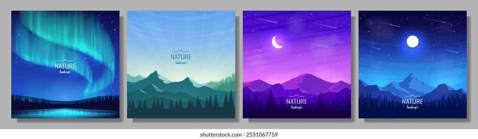 Uma coleção de 4 paisagens de montanha. Aurora Borealis, lua sobre montanhas, céu noturno, pôr do sol ou nascer do sol. Design para banners de viagem, capas, cartões de felicitações. Imagem vetorial.