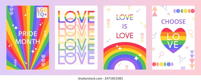 Colección 4 afiches de celebración multicolores para el Mes del Orgullo Feliz. Diseño de moda con formas geométricas y tipografía. Estilo Bauhaus. Plantilla para tarjeta, póster, flyer, Anuncio, cubierta