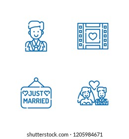 Collection of 4 newlywed outline icons include icons such as wedding video, newlyweds, groom