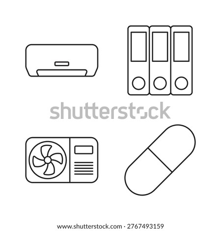 Collection of 4 outline icons featuring AC, binder, and medical supplies.