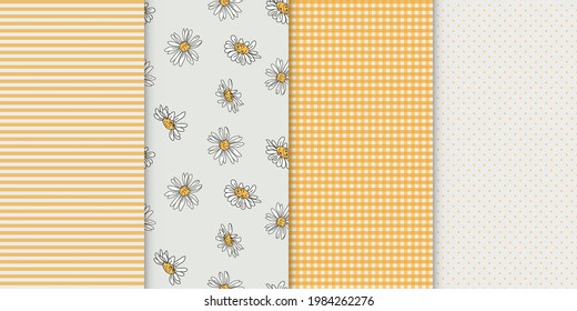 Colección de 4 patrones en estilo rústico. Tapado, puntos, tiras y texturas de margarita en colores amarillo y blanco.