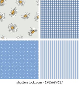 Collection of 4 pattern in rustic style. Plaid, dots, strips and daisy textures in blue and white colors.