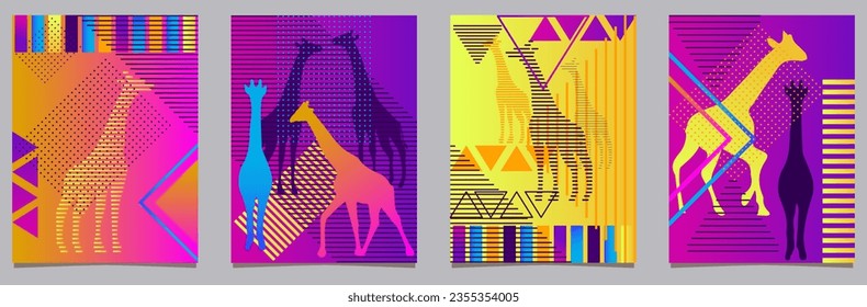 Collection 4 Posters, background, cover. Geometric abstract shapes, giraffe silhouette, african landscape, crosswalk, triangle, art lines, neon gradient. Pattern op-art, brochure, retro set.