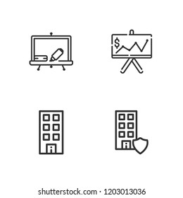 Collection of 4 presentation outline icons include icons such as office, blackboard