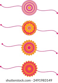 Collection of 4 Rakhi for Hindu festival Raksha Bandhan, Beautiful floral vector Rakhi set  in pink and orange colors for Indian festival celebration 