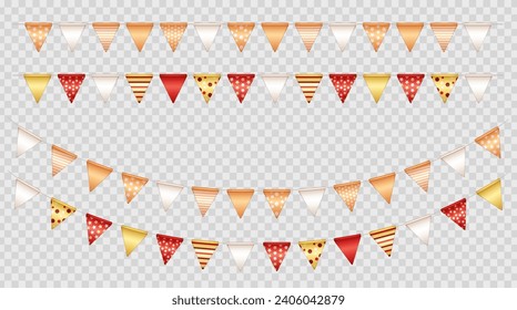 Collection of 4 realistic party flags, bunting on transparent background. Set of 3d multicolored  pennants, seamless festive triangle garlands with pattern for birthday celebration, festival, carnival