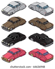 Collection of 4 retro cars. Each shown in front and back. When you flip them horizontally you get each car in 4 directions. 