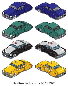 Collection Of 4 Retro Cars. Each Shown In Front And Back. When You Flip Them Horizontally You Get Each Car In 4 Directions.