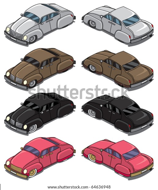 Collection of 4 retro cars. Each shown in front and\
back. When you flip them horizontally you get each car in 4\
directions. 