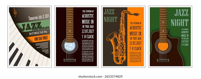 Coleção de 4 cartazes retrô para eventos de jazz e música ao vivo. Ilustrações estilo retro com guitarra, saxofone e piano. Perfeito para folhetos, capas de álbuns, design promocional e impresso