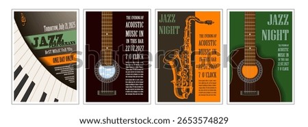 Collection of 4 retro posters for jazz and live music events. Retro style illustrations with guitar, saxophone, and piano. Perfect for flyers, album covers, promotional and print design