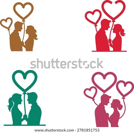 Collection of 4 romantic couple silhouette vectors featuring heart-shaped balloons in brown, red, emerald, and magenta. Includes variations with 1, 2, and 3 balloons plus base lines for cake topper and laser cut stability. Man and woman in profile face-to-face design perfect for Valentine’s Day, wedding decor, engagement party, anniversary gifts, and romance branding. Solid silhouette style ideal for Cricut, Glowforge, vinyl decals, acrylic cake toppers, foil stamping, and wedding signage.