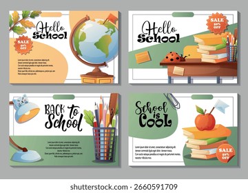Coleção de 4 modelos escolares com globo, mesas, livros e artigos de papelaria em design com tema de venda. Ótimo para campanhas de volta à escola, lojas online e promoções.
