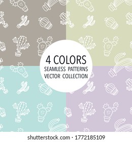 A collection of 4 seamless cactus vector repeat patterns. Pastel and sweet graphic flat style. It can be used to create background wallpapers, curtains, posters, prints and more.