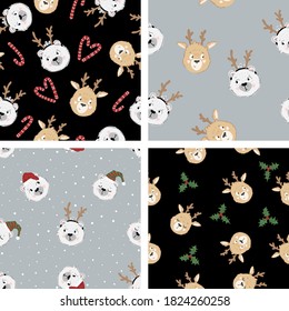 Collection of 4 seamless christmas patterns in doodle childish style. Vector cute winter textures with deer and bear