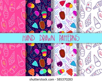 Collection of 4 seamless colorful hand-drawn patterns, set of doodle ice-cream background, EPS 10