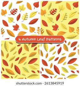 Collection of 4 Seamless Leaf Patterns, Featuring Autumn-Colored Foliage on Light and Dark Backgrounds. Perfect for Seasonal Designs.