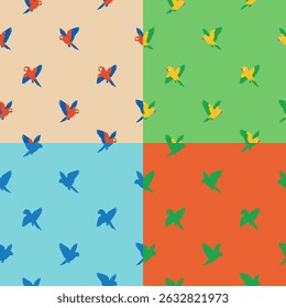 Collection of 4 seamless parrot patterns featuring macaws, lovebirds, and stylized parrots in bold and minimal colors. Inspired by African wildlife and tropical vibes.