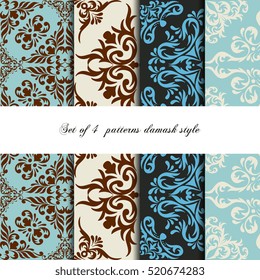 Collection 4 seamless pattern vintage damask style. Design for fashion, textile, web and other decor.
