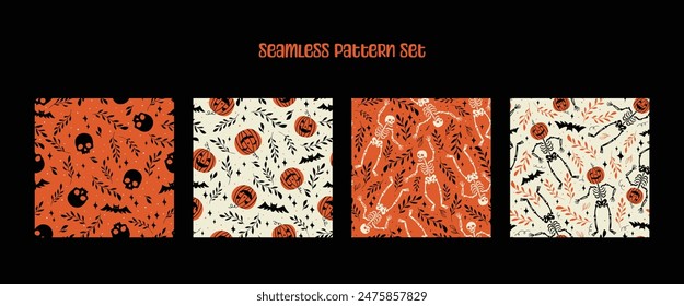 Una colección de 4 patrones sin fisuras con motivos de Halloween como calaveras, esqueletos, calabazas, murciélagos y follaje en tonos de naranja, negro y blanco, creando un diseño fantasmagórico y caprichoso.