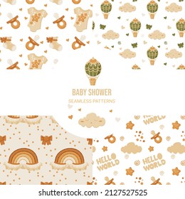 Collection of 4 seamless patterns in a neutral colours for baby reveal. Gender party concept. Background, backdrop, texture for wrapping paper, scrapbooking, wallpapers, banners, posters