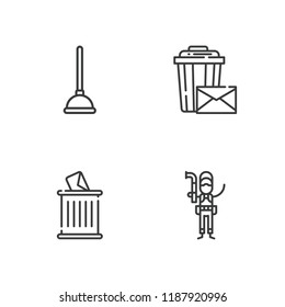 Collection of 4 sewage outline icons include icons such as plunger, plumber
