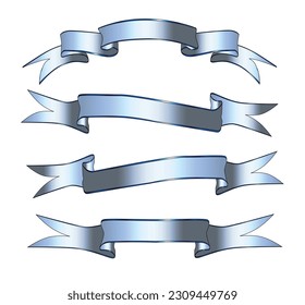 A collection of 4 silver ribbon banners isolated over a white background.
