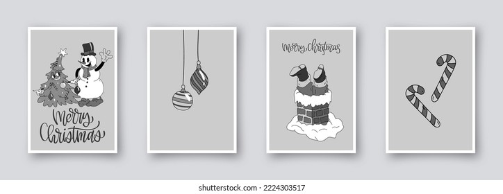 Collection of 4 simple christmas cards in retro cartoon style isolated on background. Hand drawn cute vintage posters, holiday covers or banners